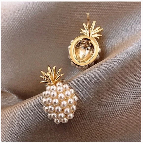 Pineapple Earrings Gold Stud Pearl Post Earrings Minimalist Jewelry - Picture 8 of 8